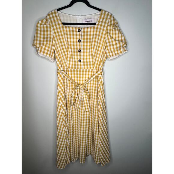Jessakae Yellow Gingham Midi Dress Size XL - Picture 2 of 7